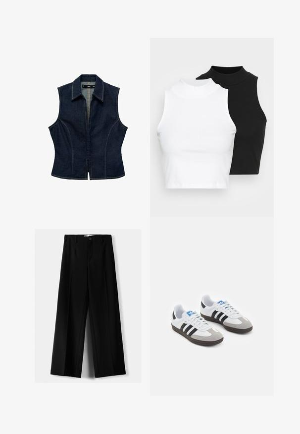 Donkerblauwe denim mouwloze top met een puntige kraag, voorrits, getailleerd ontwerp en contrasterende stikseldetails.; Twee mouwloze ribgebreide coltruien in zwart en wit, met een slim fit ontwerp en een gladde textuur, met een cropped lengte.; Zwarte wijde broek van lichtgewicht stof, met een knoopsluiting aan de voorkant en een vlakke achterkant, afgewerkt met keurig gestikte zoom.; Sportschoenen met een witte leren bovenkant, grijze suède neus en drie zwarte strepen. Bevat een blauw logo op de tong en een gestructureerde rubberen zool.