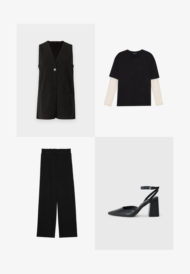 Čierny bezrukávový vest s V-výstrihom, s štyrmi gombíkmi a dvoma prednými vreckami, vyrobený z hladkej tkaniny.; Čierne tričko z bavlny, s krátkymi rukávmi cez biele tričko s dlhým rukávom, s jemným textúrovaným vzorom. Design s okrúhlym výstrihom.; Čierne široké nohavice s volánovým pásom, obsahujúce dve bočné vrecká a hladký, ľahký materiál. Žiadne viditeľné vzory ani kovové príslušenstvo.; Čierne kožené lodičky s špicatou špičkou a členkovým remienkom, s masívnym podpätkom. Hladký povrch, elegantný dizajn a minimalistická estetika.