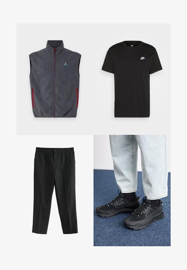 Grå fleeceväst med hög krage, röda dragkedjor och sidofickor. Har en broderad design på övre vänstra sidan.; Svart bomullströja med korta ärmar, rund hals och en liten vit Nike-logotyp på övre vänstra bröstet. Slät textur. Klassisk passform.; Svarta byxor i tyg med elastisk midja och en knapp. Rak ben-design utan synliga fickor.; Svarta sportskor med texturerat tyg och gummisulor, med elastiska snörningar och en blå detalj på hälen. Bärs med ljusa jeans.