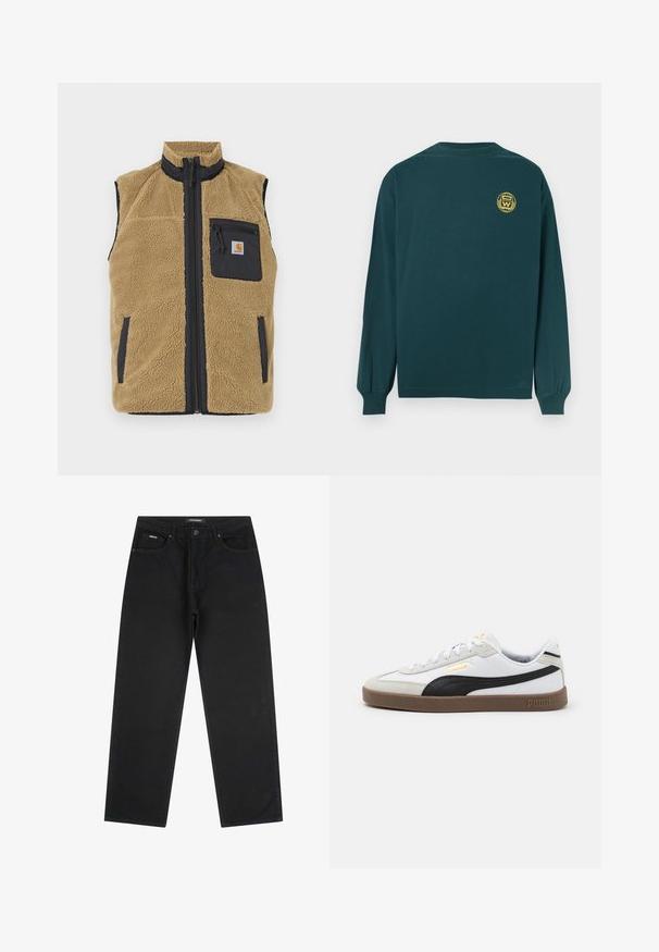Beige Fleeceweste mit hohem Kragen, kontrastierenden marineblauen Seitenpanelen, frontale Reißverschluss und einer linken Brusttasche mit Reißverschluss.; Langärmliges Shirt aus dunkelgrünem Baumwollstoff mit rundem Halsausschnitt, das ein gelbes Emblem im oberen Rückenbereich hat. Schlichter, lässiger Schnitt.; Schwarze gerade geschnittene Jeans mit vorderem Knopf und Reißverschluss, Gürtelschlaufen und Fünf-Taschen-Design, auf einem weißen Hintergrund flach ausgelegt.; Weiße Ledersneaker mit schwarzen Wildlederakzenten, runde Zehen, flache braune Gummisohle und geprägt goldenen Logo an der Seite. Schnürsenkel und gepolsterter Kragen.