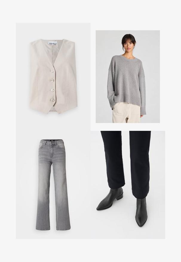 Gilet sans manches beige avec des rayures verticales, décolleté en v, fermeture à cinq boutons et poches latérales. Fabriqué en tissu texturé.; Pull en maille gris avec une coupe décontractée, col rond, poignets et ourlets côtes. Texture douce avec un motif de tricot subtil. Associé à un pantalon clair.; Jean en denim gris taille haute à jambes droites avec bouton et fermeture éclair à l'avant, poches avant et arrière, et décoloration sur les cuisses et les mollets.; Bottines en cuir noir à bout pointu, avec un talon épais et des panneaux latéraux texturés, portées avec un pantalon sombre sur fond blanc.