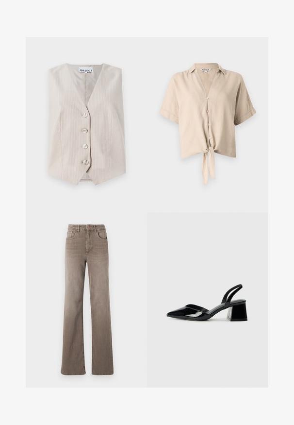 Bež prsluk bez rukava s vertikalnim prugama, v-izrezom, zatvaranjem na pet dugmadi i bočnim džepovima. Izrađen od teksturirane tkanine.; Bežani skraćeni majica s kratkim rukavima, vertikalnim ovratnikom, zatvaranjem na dugmad i detaljem čvora sprijeda. Izrađena od laganog materijala.; Smeđe traperice visokog struka ravnog kroja s prednjim gumbom, petljama za pojas i klasičnim dizajnom od pet džepova na bijeloj pozadini.; Crne lakirane kožne sandale s otvorenom petom i špicastim vrhom, s geometrijskom blok petom. Imaju elegantan, minimalistički dizajn i glatku teksturu.