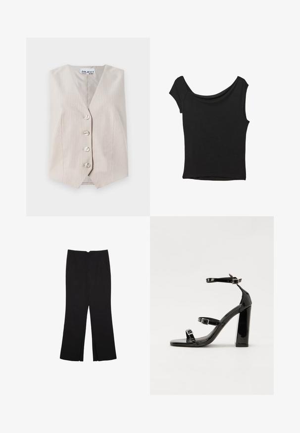 Beżowa bezrękawnik z pionowymi pasami, dekoltem w serek, pięcioma guzikami z przodu i kieszeniami po bokach. Wykonana z teksturowanej tkaniny.; Czarna bluzka z krótkim rękawem, wykonana z gładkiego materiału; posiada dekolt w stylu drapowanym oraz asymetryczny dół, z dopasowanym krojem.; Czarne spodnie o prostym kroju, z przednimi kieszeniami i bocznymi rozcięciami na dole. Wykonane z miękkiego, gładkiego materiału. Odpowiednie na różne okazje.; Czarne lakierowane sandały na obcasie z kwadratowym noskiem, z paskami wokół kostki i srebrnymi klamrami. Posiadają masywny słupek dla stabilności.