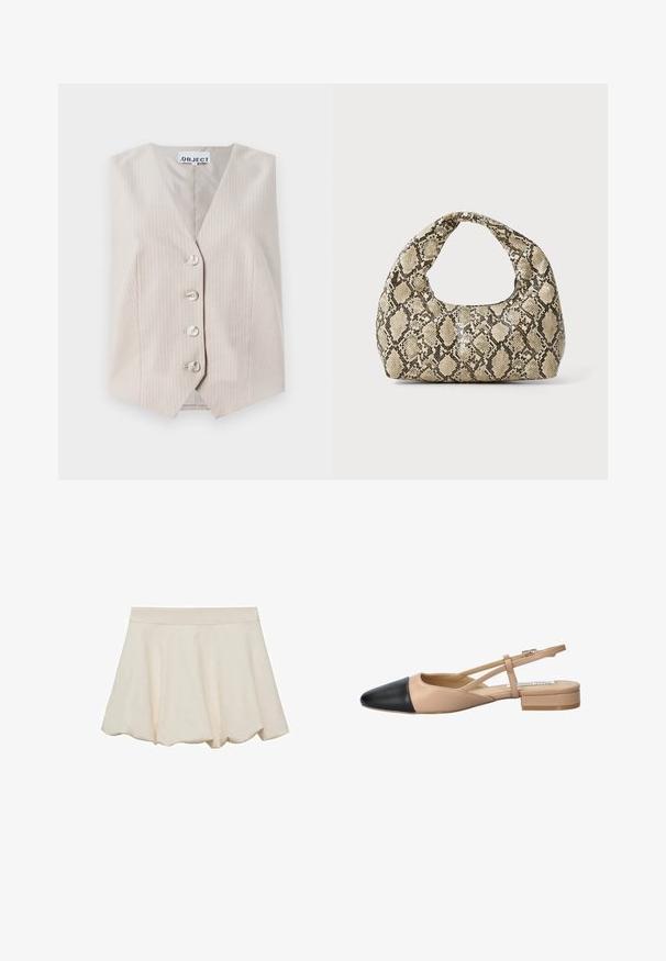 Beige sleeveless vest with vertical stripes, v-neckline, five button closure, and side pockets. Made from textured fabric.; Knit tank top in beige with open weave design. Features scalloped edges, a floral pattern knitted into the fabric, and sleeveless cut.; Cream-colored skirt with a soft, smooth texture, flared design, and a scalloped hem. Features a wide, elastic waistband for comfort.; Beige and black two-tone slingback shoe with a pointed toe, flat heel, and crisscross strap detail. Smooth leather texture.; Snake-print handbag with a curved handle. Made from textured, beige and brown materials, featuring a distinctive diamond pattern.
