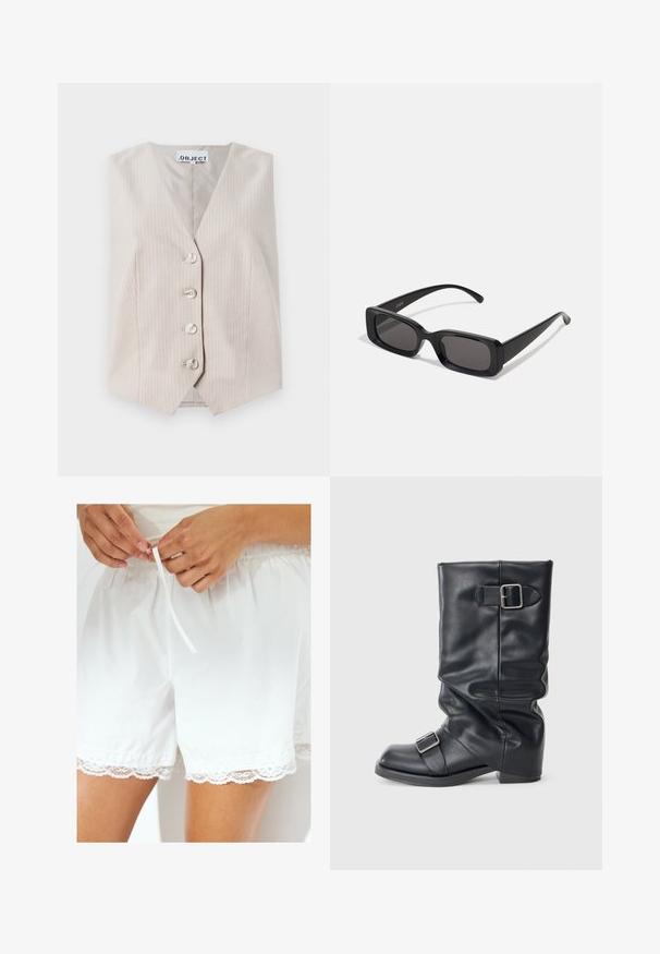 Bež brezrokavnik z navpičnimi črtami, V-izrezom, petimi gumbi za zapiranje in stranskimi žepi. Narejen iz teksturirane tkanine.; Bela majica brez rokavov iz lahkotnega materiala. Ima zaobljen izrez in široke armpitove, z gladko teksturo in minimalističnim dizajnom.; Bela bombažna kratka hlače z elastičnim pasom in vrvico, z čipkastim robom za dodaten poudarek.; Črne usnjene škornje s pr folded šaftom, ki imajo dve srebrni zaponki. Okrogla konica in nizek, raven podplat. Gladka tekstura, minimalno okrasje.; Črne pravokotne sončna očala z temnimi lečami, sijajna površina, široka ročaja in masiven okvir. Vgravirano ime blagovne znamke na eni ročaji.