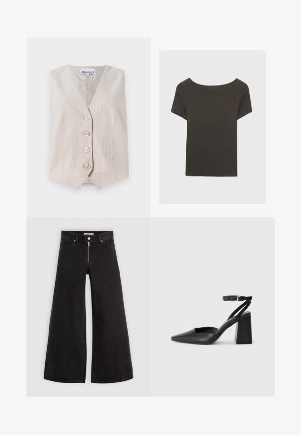 Béžová bezrúčka s vertikálnymi pruhmi, výstrihom do V, s piatimi gombíkmi a bočnými vreckami. Vyrobená z textúrovaného materiálu.; Tmavošedý top s krátkym rukávom a lodičkovým výstrihom. Vyrobený z rebrovanej látky, s voľným strihom a čistým lemovaním. Jednoduchý dizajn, bez vzorov.; Dlhé nohavice vo voľnom strihu z čierneho denimu so zipsom vpredu, päť vrecúškovým dizajnom a jemnými stehovými detailmi. Hladká textúra a neformálny štýl.; Čierne kožené lodičky s špicatou špičkou a členkovým remienkom, s masívnym podpätkom. Hladký povrch, elegantný dizajn a minimalistická estetika.