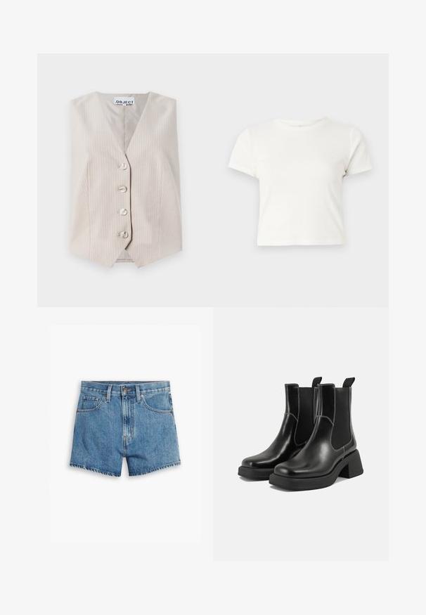 Gilet sans manches beige avec des rayures verticales, décolleté en v, fermeture à cinq boutons et poches latérales. Fabriqué en tissu texturé.; T-shirt blanc court en coton avec des manches courtes, un col rond et un ourlet droit, présentant une texture lisse et un design minimal.; Shorts en denim bleu clair, comportant cinq poches, un zip et un bouton de fermeture. L'ourlet est effiloché, avec une coupe décontractée.; Bottes Chelsea en cuir noir avec un talon épais, des panneaux latéraux élastiques et des coutures blanches contrastantes. Fini texturé.