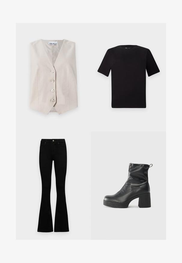 Beige sleeveless vest with vertical stripes, v-neckline, five button closure, and side pockets. Made from textured fabric.; Black short-sleeve t-shirt with a round neckline, crafted from soft cotton fabric. Simple design, no visible logos or patterns.; Black high-waist jeans with a button and zip closure, front pockets, and flared legs laid flat on a white background.; Black ankle boots made of smooth leather, featuring a side zipper, chunky textured heel, and rounded toe design.