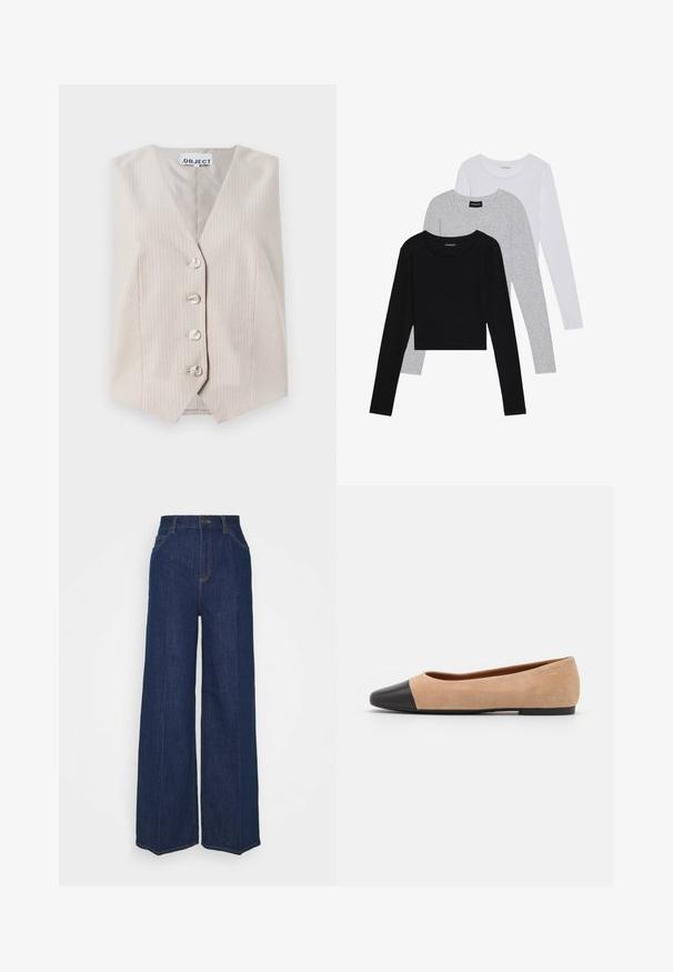 Beige ärmlös väst med vertikala ränder, v-ringning, fem knäppningar och sidofickor. Tillverkad av strukturerat tyg.; Tre långärmade tröjor staplade: svart, grå och vit. Var och en har en rund halsringning och en kort design med mjukt, lätt material.; Höga vida jeans i mörkblå denim med fram- och bakfickor, knäppning och synliga söm detaljer.; Beige mockasins med rund svart lädertå, låg klack och mjuk yta, med minimal sömnad och en ren design.