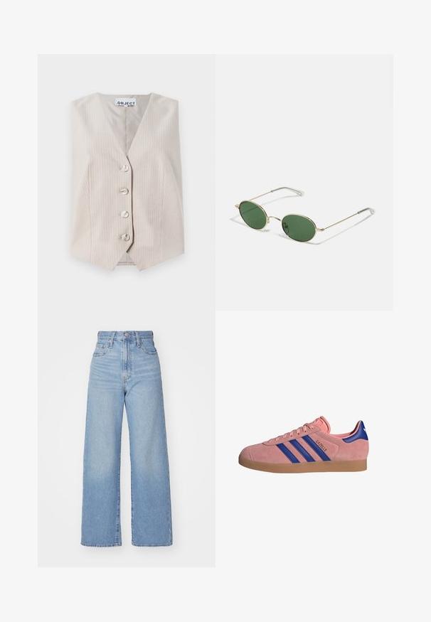 Beige ärmlös väst med vertikala ränder, v-ringning, fem knäppningar och sidofickor. Tillverkad av strukturerat tyg.; Rosa ärmlös topp med V-ringning, som har smockdetaljer och blommönster. Små röda blommor är utspridda på en prickig bakgrund.; Ljusblå högmidjade vida jeans med knapp- och dragkedjestängning, fram- och bakfickor, mot en vit bakgrund.; Rosa mockaskinnsneakers med blå läderdetaljer, tre blå ränder och gummisulor. Designad med rundad tå och snörning framtill.; Solförmda solglasögon med guldram och gröna ovala linser samt tunna metalldelar. Utrustad med klara plastspetsar på armarna för ökad komfort.; Brun vävd läderhandväska med två handtag, en strukturerad form och en texturerad yta, med ett diamantmönster över hela ytan.