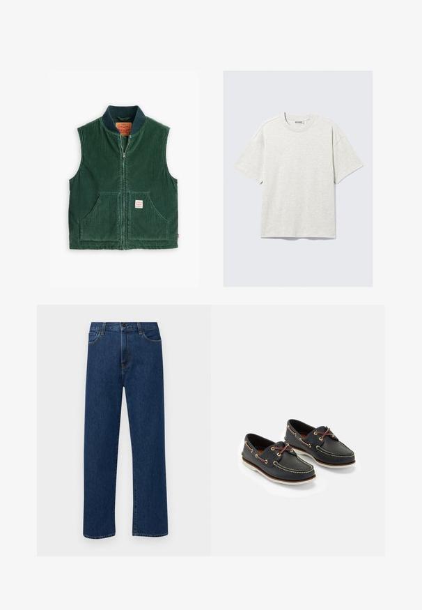 Levi's® Workwear SANSOME - Weste - python green; Helles graues T-Shirt mit kurzen Ärmeln aus Jersey-Stoff. Es hat einen Rundhalsausschnitt, eine lockere Passform und eine dezente Textur. Das Etikett trägt die Aufschrift "WEEKDAY".; Dunkelblaue gerade geschnittene Jeans mit Fronttaschen und Knopfverschluss, auf einem schlichten weißen Hintergrund präsentiert.; Marineblaue Lederbootsschuhe mit gelbem Nähen, roten Schnürsenkeln und silbernen Ösen; runde Zehenform; weiße Gummisohle.