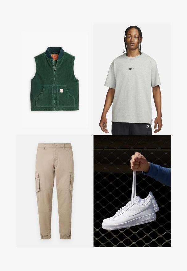 Levi's® Workwear SANSOME - Vesta - python green; Mladý člověk s pletenými vlasy, oblečený v světle šedém tričku Nike a černých šortkách Nike, na čistém bílém pozadí.; Béžové cargo kalhoty z lehkého bavlněného materiálu. Mají elastické manžety, více bočních kapes a zapínání na knoflík.; Bílé kožené tenisky s perforacemi, kulatou špičkou, plochou podrážkou a silnými tkaničkami, které mají viditelné logo swoosh a nápis "AIR" na patě.