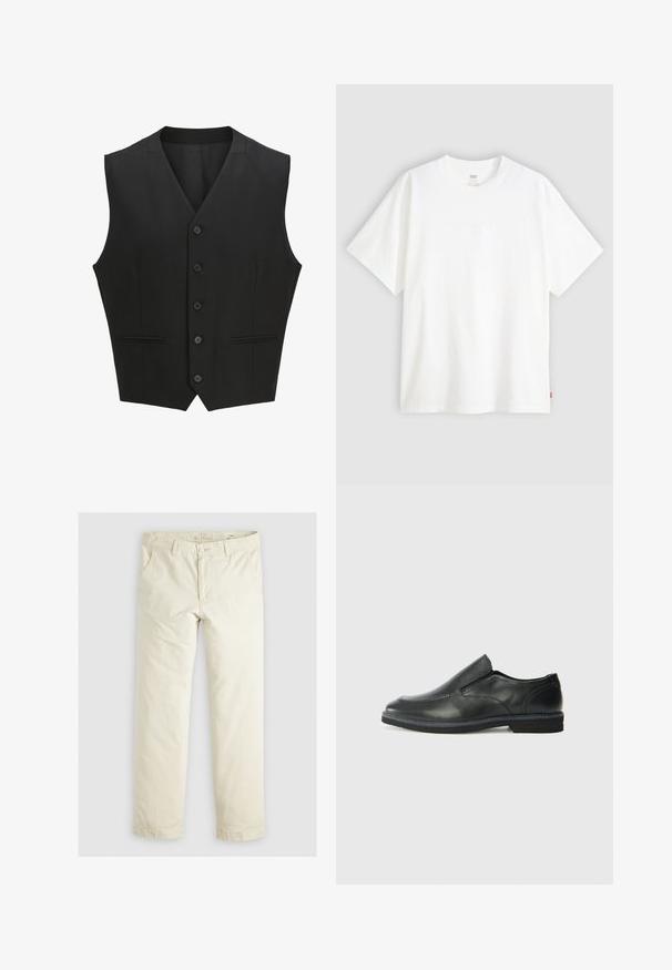 Vesta neagră fără mâneci, cu rever în formă de notch, închidere cu șase butoane și două buzunare frontale. Material neted cu o croială ajustată.; Tricou alb cu mânecă scurtă, confecționat din bumbac, cu gât rotund. Prezintă un detaliu logo subtil embosat pe față și un etichetă roșie la tiv.; Pantaloni lejeri de culoare bej deschis, cu trei buzunare, bretele și un design cu picior drept. Realizați dintr-un material moale din amestec de bumbac.; Pantof de piele neagră, tip slip-on, cu un superior neted, accente cusute, vârf rotunjit și un toc jos din cauciuc. Talpa are un profil minim de aderență.