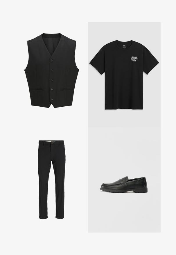 Crna bezrukavna prsluk s reverom u obliku slova V, zatvaranjem na šest dugmadi i dva prednja džepa. Glatka tkanina s krojem po mjeri.; Crna pamučna majica s printom na prsima koji glasi "KUĆNE BILJKE" u bijelom stiliziranom fontu s "Levi's" ispod. Klasični okrugli izrez.; Crne hlače od pamuka sa slim fit krojem, s kopčanjem na dugme, džepovima i zavrnutim rukavima za ležeran izgled.; Crne kožne mokasine s glatkom površinom, gornji dio u stilu mokasina, ojačani šavovi i gumeni potplat. Klasičan dizajn s niskom petom.