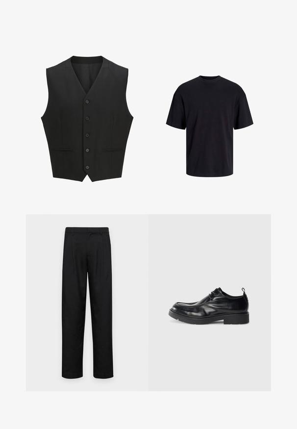 Must hābitu, mille varrukatega vest, millel on nurgeline krae, kuus nööpi ja kaks esikotti. Sile kangas ja kohandatud istuvus.; Must must on mustre, lühikeste varrukatega ja vabalt langev. Sile tekstuur ja ilma nähtavate mustrite või aktsentideta.; Mustad mustadest riietest, millel on sirge jalgade disain, kaks eesmist voltimist ja tavaline vöökoht, millel on vöökohad.; Must musta kingad, ümarate varvastega, nööpidega esiosaga ja dekoratiivse õmblusega. Omab paksu, tekstureeritud kummist talla ja kandetappi.