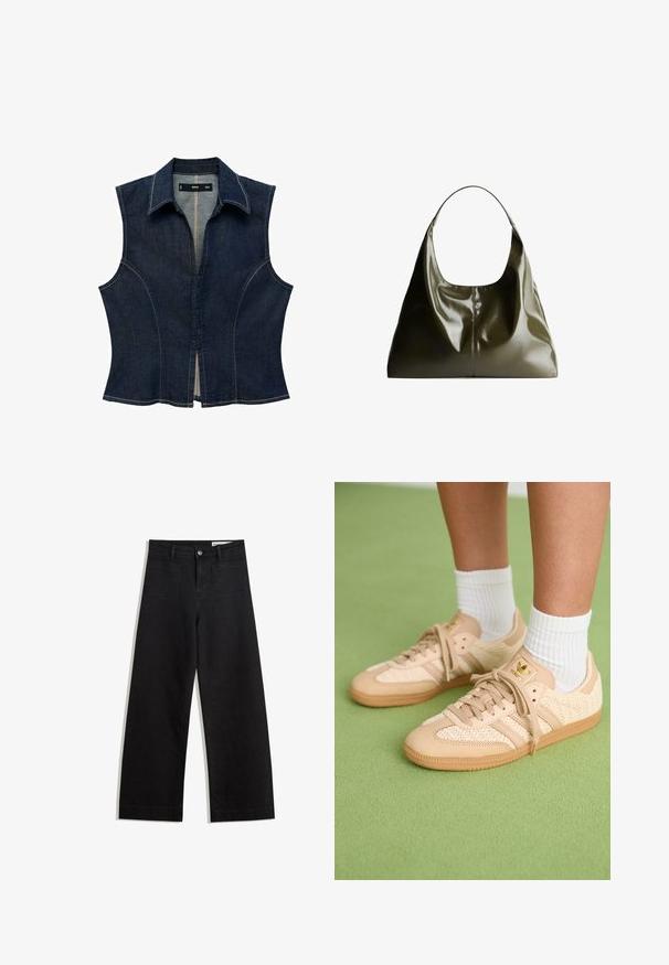 Donkerdenim mouwloze top met een kraaglijn. Bevat gestructureerde naden en een opening aan de voorkant. Lichte stiksels accentueren de randen.; Witte T-shirt van zacht, lichtgewicht stof. Heeft een ronde halslijn en korte, brede mouwen met een ontspannen pasvorm. Geen zichtbare patronen.; Zwarte denim broek met wijde pijpen en een hoge taille, voorzien van voor- en achterzakken, gestikte naden en een knoopsluiting. Gladde textuur.; Voeten in beige geweven Adidas sneakers met gumzolen en witte enkelsokken op een groene gestructureerde vloer.; Olijfgroene leren schoudertas met een gladde, glanzende afwerking. Beschikt over een afgeronde bovenkant en een zachte, hangende vorm. Minimalistisch design.