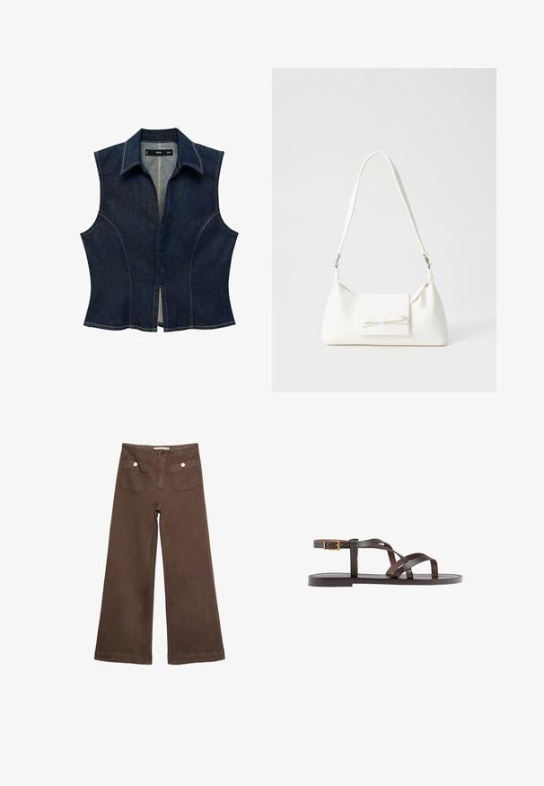 Mørk denim ærmeløs top med kravehals. Har strukturerede sømme og en frontåbning. Lyse syninger som pynt langs kanterne.; Brun kortærmet t-shirt lavet af blødt stof, med rund halsudskæring og afslappet pasform. Ingen synlige mønstre eller detaljer.; Brune bredbenede bukser lavet af bomuld, med to forlommer med sølvknapper og en glat tekstur.; Brune lædersandal med krydsende stropper, ankelspænde og en flad sål med minimale syninger.; Hvid syntetisk håndtaske med en trekantet form, flad forsideklap og sløjfedetalje, justerbar strop, glat tekstur og minimalistisk design.