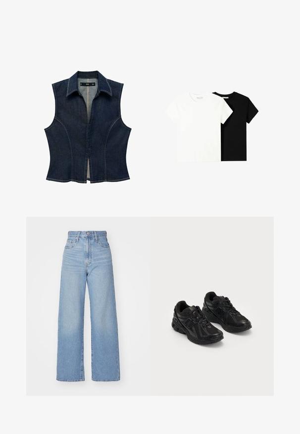 Dark denim sleeveless top with a collared neckline. Features structured seams and a front opening. Light stitching accents along edges.; Two short-sleeve t-shirts, one white and one black, made of cotton. Both feature a round neckline and a simple, classic design.; Light blue high-waist wide-leg jeans with front button and zip closure, front and back pockets, on a white background.; Black athletic shoes made of mesh and synthetic materials. Features a cushioned sole, textured patterns, and embossed branding on the side.