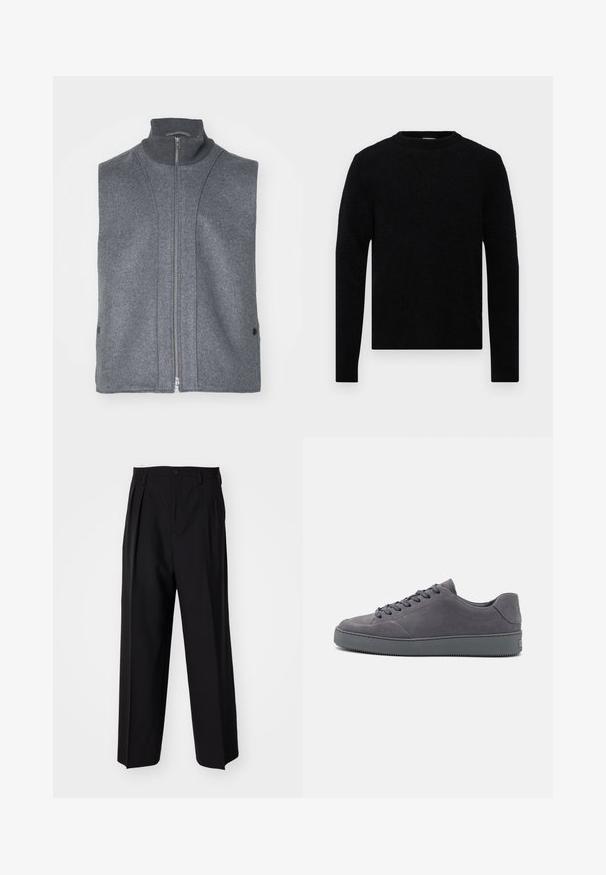 Grå ermeløs vest laget av teksturert ull-lignende materiale, med høy krage og glidelås foran, samt sideknapper som detaljer.; Filippa K SWEATER - Strikkegenser - black; Sorte plissert bukser med en rett, bred benform. Laget av glatt stoff, med knappelukking og beltehemper.; Grå semskede sneakers med lavt design, rund tå, snøring foran og strukturelt gummisål. Minimalistisk stil med subtil branding på hælen.