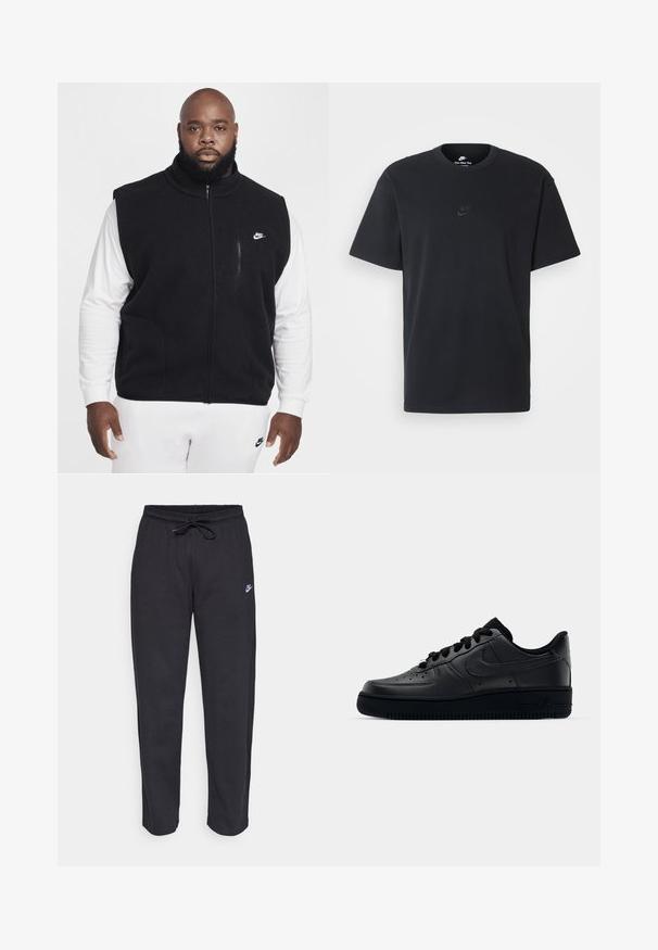 Nike Sportswear CLUB SSNL WINTERIZED - Γιλέκο - black white; Μαύρη βαμβακερή μπλούζα Nike με κλασικό στρογγυλό λαιμό, κοντά μανίκια και μια διακριτική, ανάγλυφη λογότυπο στο στήθος. Λείο ύφασμα.; Μαύρες φόρμες από μαλακό ύφασμα με ελαστική μέση, κορδόνι και μικρό λογότυπο Nike στο αριστερό μηρό.; Μαύρο παπούτσι Nike Air Force 1 με λείο δερμάτινο άνω μέρος, τρυπητή μύτη για αναπνοή, μαύρες κορδόνες και υφή ελαστικής σόλας.