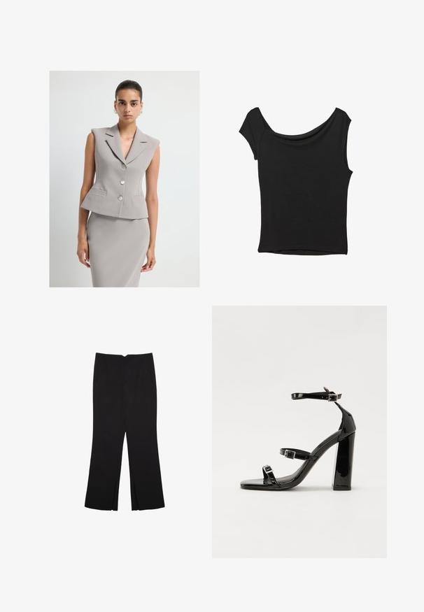 Harmaa ilmanhihaista bleiseriä, jossa on taitettu kaulus, kaksinkertainen napitus ja kaksi etutaskua. Sujuva, rakenteellinen kangas, joka on muotoiltu istuvaksi.; Musta lyhythihainen paita, joka on valmistettu sileästä kankaasta; siinä on laskeutuva kaula-aukko ja epäsymmetrinen helma, sekä istuva malli.; Mustat housut suoralinjaisella leikkauksella, joissa on etutaskut ja sivurei'ät helman alla. Valmistettu pehmeästä ja sileästä kankaasta. Sopii eri tilaisuuksiin.; Musta kiiltäväpintainen korkokengät, joissa on kaksi solkikiinnitystä, neliönmuotoinen kärki ja paksu korko, sileällä, kiiltävällä pintarakenteella.