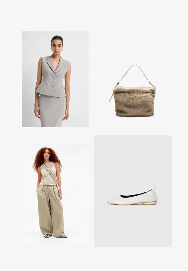 Szary bezrękawnik z kołnierzem w kształcie notcha, zapinany na podwójny guziczek, z dwiema przednimi kieszeniami. Gładki, usztywniony materiał o dopasowanym kroju.; Długi rękaw, bluzka z okrągłym dekoltem w kolorze kremowym, wykonana z miękkiego materiału. Posiada prosty krój i minimalistyczny design bez ozdób.; Młoda kobieta z długimi kręconymi czerwonymi włosami, nosząca beżowy bezrękawnik, szerokie khaki spodnie, klapki, torbę na ramię i bransoletki.; Białe skórzane baleriny z okrągłym noskiem, niskim podwyższonym obcasem, czarnym wnętrzem i pętelką z tyłu, zaprezentowane w profilu bocznym na białym tle.; Torebka z futra syntetycznego w jasnym beżu o miękkiej, teksturowanej powierzchni. Posiada jeden cienki pasek i prostokątny kształt z puszystą górną krawędzią.