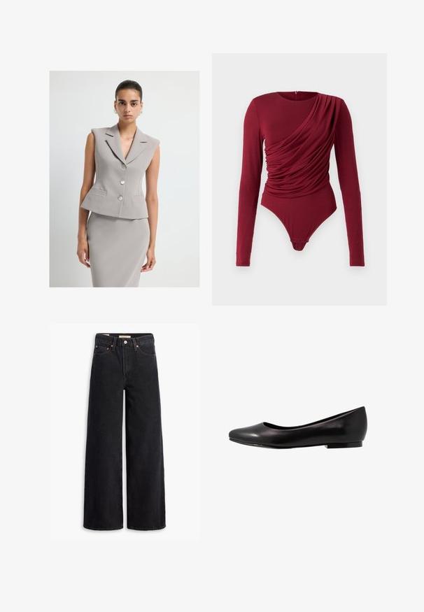Grijze mouwloze blazer met een gestructureerde kraag, dubbele knoopsluiting en twee zakken aan de voorkant. Gladde, gestructureerde stof met een getailleerde pasvorm.; Langarm bodysuit in diep rood, met gedrapeerde stof, een ronde hals en drukknoopsluiting onderaan, gemaakt van zachte rekbare materiaal.; Zwarte brede jeans gemaakt van denim, met vijf zakken, koperen klinknagels en een klassieke knoopsluiting. Glad van textuur met een strakke uitstraling.; Zwarte ballerina van glanzend leer met een ronde neus en een lage, platte zool. Heeft een gladde textuur met een eenvoudig en strak design.