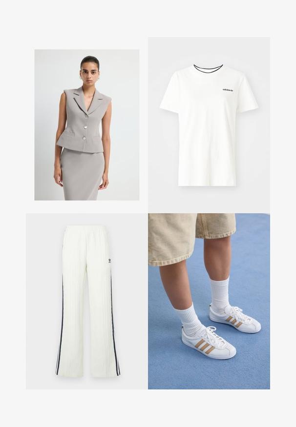 Grijze mouwloze blazer met een gestructureerde kraag, dubbele knoopsluiting en twee zakken aan de voorkant. Gladde, gestructureerde stof met een getailleerde pasvorm.; Witte katoenen t-shirt met korte mouwen en een ronde halslijn. Heeft een zwart Adidas-logo op de borst en een contrasterende zwarte binnenkraag.; Lichtcrèmekleurige, kabelgebreide broek met een uitlopende pasvorm. Voorzien van donkerblauwe zijstrepen en een Adidas-logo op de heup. Elastische tailleband.; Witte sneakers met drie gouden strepen, vetersluiting, rubbersole, gedragen met geribbelde witte sokken en beige shorts op een blauwe ondergrond.