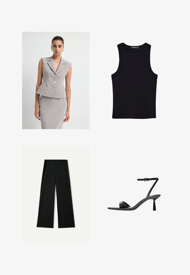 Blazer grigio senza maniche con colletto a punta, chiusura a doppio bottone e due tasche frontali. Tessuto liscio e strutturato con vestibilità sartoriale.; Canotta nera in cotone, caratterizzata da un colletto rotondo e ampi giromanica. Texture liscia con orli cuciti. Design classico e minimalista.; Bershka WIDE - Pantaloni - black; Bershka Sandali con tacco - black