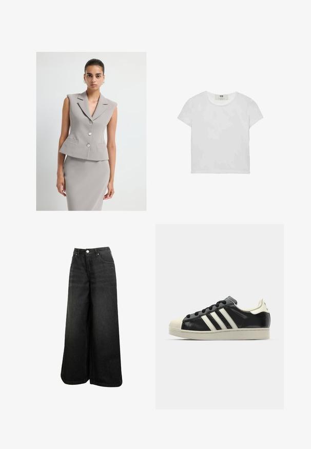 Blazer grigio senza maniche con colletto a punta, chiusura a doppio bottone e due tasche frontali. Tessuto liscio e strutturato con vestibilità sartoriale.; T-shirt bianco a maniche corte e girocollo, realizzato in cotone morbido, con un design semplice e pulito, privo di motivi o dettagli visibili.; Jeans in denim nero a gamba larga con vita alta, abbottonatura frontale, tasche e logo discreto sulla tasca anteriore.; Sneaker in pelle nera con strisce bianche, punta in gomma, lacci neri e suola di colore crema. Texture liscia con finitura brillante.