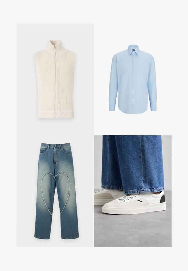 Colete de malha sem mangas em creme, apresentando um colarinho alto e fecho éclair na frente. A textura é canelada com costura branca contrastante na bainha.; Camisa de dress de manga longa azul clara, feita de tecido suave, com frente abotoada, colarinho pontudo e corte regular.; Jeans de ganga azul com um design rasgado em forma de coração na frente, corte reto e um acabamento ligeiramente desbotado.; Sapatilhas brancas e pretas com um upper de couro suave, detalhes texturizados e uma sola branca grossa. Apresenta um design clássico de atacadores.