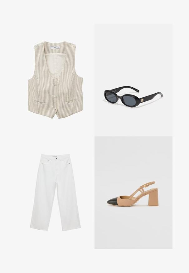 Beige gestreifter Weste mit V-Ausschnitt, zwei Fronttaschen und drei Knopfverschlüssen. Aus leichtem Stoff gefertigt, mit vertikalen Linien.; Weißes ärmelloses Tanktop mit quadratischem Ausschnitt, glatter Textur und figurnahen Schnitt. Hergestellt aus leichtem Material.; Weiße Jeans im weit geschnittenen Design aus Denim mit hoher Taille, ausgestattet mit fünf Taschen und Metallbeschlägen. Glatte Textur, keine sichtbaren Muster.; Beige Slingback-Schuh mit schwarzer Kappe, quadratischem Absatz und zwei Riemenakzenten, aus glattem Material gefertigt.; Schwarze ovale Sonnenbrillen mit dunklen Gläsern, glänzendem Kunststoffrahmen, breiten Bügeln und einem kleinen goldenen Akzent auf einer Seite.