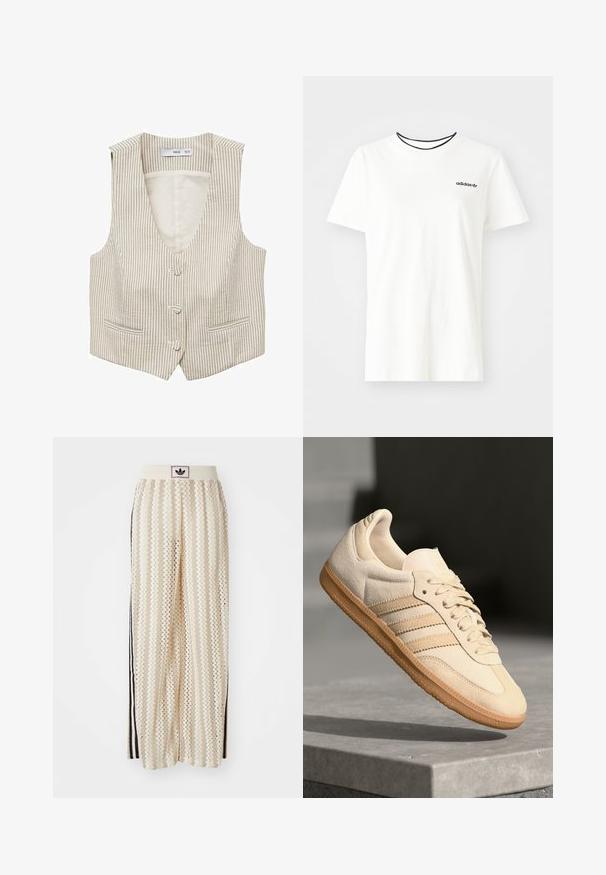 Beige gestreifter Weste mit V-Ausschnitt, zwei Fronttaschen und drei Knopfverschlüssen. Aus leichtem Stoff gefertigt, mit vertikalen Linien.; Weißes Baumwoll-T-Shirt mit kurzen Ärmeln und rundem Halsausschnitt. Mit einem schwarzen Adidas-Logo auf der Brust und einem kontrastierenden schwarzen Innenkragen.; Cremfarbene, weit geschnittene Hosen mit einem Zickzackmuster, ausgestattet mit einem schwarzen Logo-Bund und seitlichen schwarzen Streifen. Leichter, strukturierter Stoff.; Helle beigetöne Wildledersneaker mit Gumminsohle, drei schrägen Streifen und einer strukturierten Zehenkappe. Mit Logo auf der Zunge und der Seite.