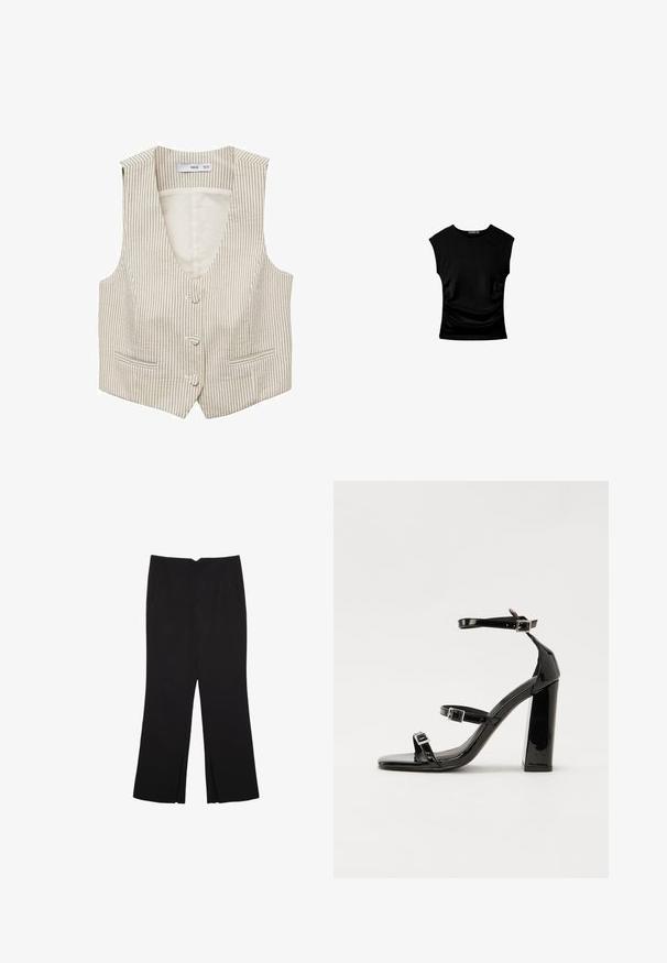 Beige gestreifter Weste mit V-Ausschnitt, zwei Fronttaschen und drei Knopfverschlüssen. Aus leichtem Stoff gefertigt, mit vertikalen Linien.; Schwarzes kurzärmliges Oberteil mit tailliertem Schnitt, das seitliche Raffung und einen glatten, dehnbaren Stoff für zusätzlichen Komfort aufweist.; Schwarze Hose mit geradem Schnitt, ausgestattet mit Fronttaschen und Seitenschlitzen am Saum. Hergestellt aus weichem, glattem Stoff. Geeignet für verschiedene Anlässe.; Schwarze patentierte Sandalen mit Absatz, quadratischer Spitze, Knöchelriemen und silbernen Schnallen. Mit einem stabilen Blockabsatz für mehr Stabilität.