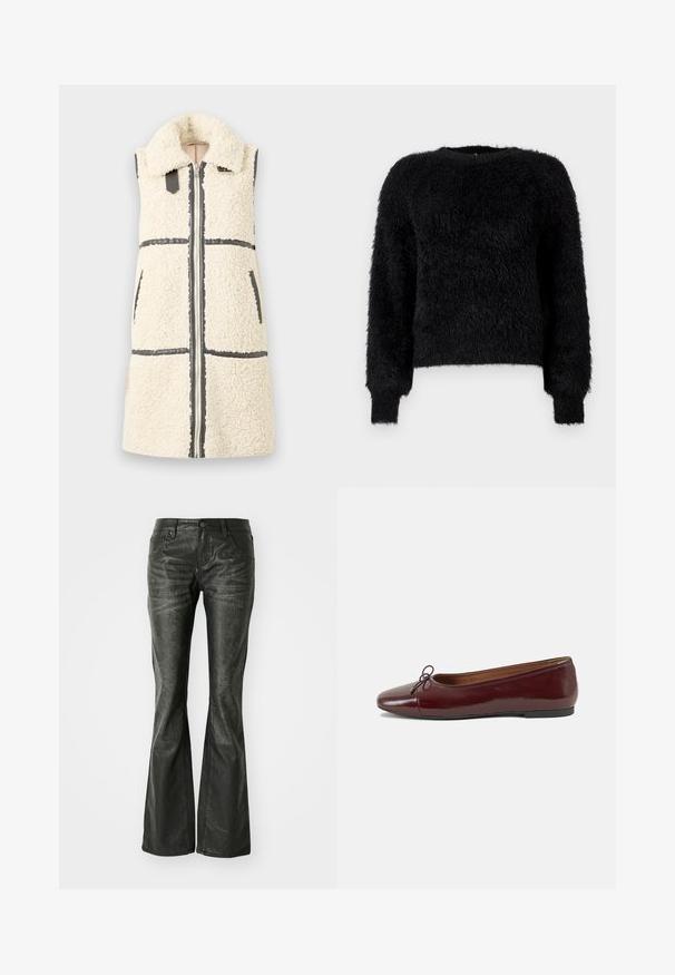 Ärmellose weiße Sherpa-Weste mit großem Kragen, frontalem Reißverschluss, zwei Taschen und schwarzen Besatzdetails.; Schwarzer, flauschiger Pullover mit langen Ärmeln und Rundhalsausschnitt aus einem weichen, strukturierten Stoff sowie gerippten Bündchen vor einem schlichten weißen Hintergrund.; Schwarze Kunstleder-Flared-Jeans mit Fronttaschen, einem Metallknopfverschluss und einer leicht strukturierten Oberfläche. Schmaler Schnitt mit langem Bein.; Burgunderfarbenes, lackiertes Ballettschuh mit abgerundetem Zehenbereich, kleiner Schleifenakzent vorne und einer niedrigen, schwarzen Gummisohle. Glatte Textur.