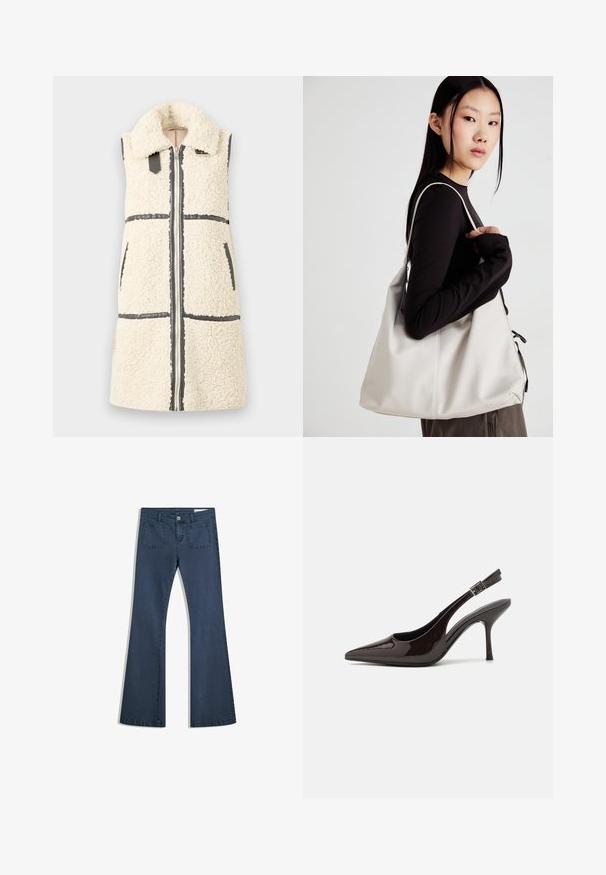 Bela brezrokavnica iz sherpe, z velikim ovratnikom, sprednjim zadrgo, dvema žepoma in črnimi obrobami.; Nabor dveh dolgih rokavov v beli in črni barvi. Žameten vzorec, okrogla ovratnica, prilegajoča zasnova z rahlo razširjenimi rokavi.; Temno modri široki kavbojke iz denima s prišitimi žepi, gumbom za zapiranje in gladko teksturo. Imajo klasičen dizajn s petimi žepi.; Slingback visoke pete v sijajni temno rjavi lak koži, koničastim nosom, odprtimi stranmi in nastavljivim gležnjenčkim trakom.; Bežna torbica iz mehkega materiala, z ohlapno zasnovo, šivi in dvema naramnicama. Primerna za vsakodnevno uporabo.