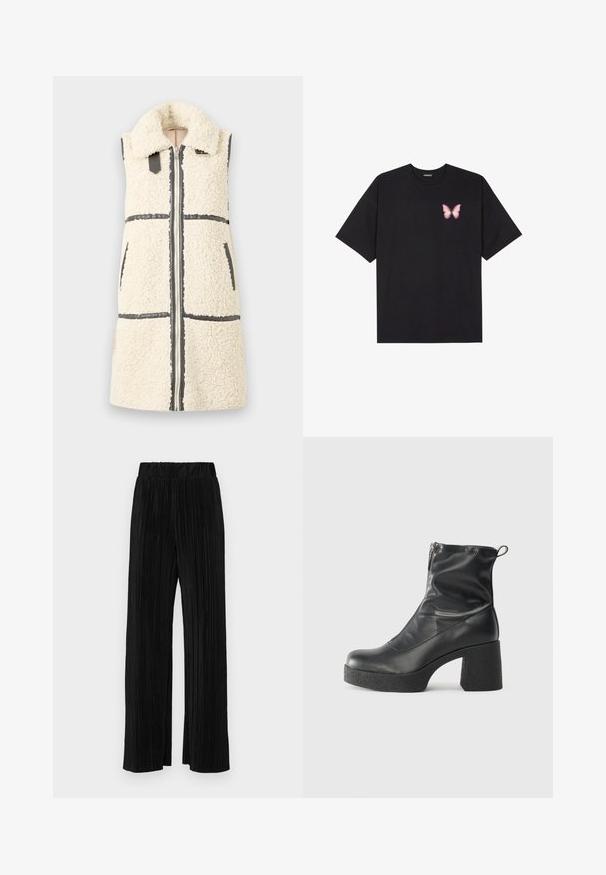 Bela brezrokavnica iz sherpe, z velikim ovratnikom, sprednjim zadrgo, dvema žepoma in črnimi obrobami.; Črna bombažna majica s kratkimi rokavi, ki ima majhen roza metuljček na levi strani prsnega dela. Majica s krožnim ovratnikom in sproščenim krojem.; Črne plisirane hlače z elastičnim pasom. Imajo široke noge in gladko, teksturirano tkanino z navpičnimi črtami.; Črne gležnjarje iz gladke kože z božnim zadrgo, masivnim teksturiranim peto in zaobljeno obliko prstov.