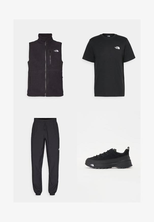 Juodas vilnonis liemenės su aukštu apykakle, priekyje užtrauktukas ir dvi šoninės kišenės su užtrauktuku. Yra užtrauktuku užsegama krūtinės kišenė ir logotipas priekyje.; Juoda medvilninė marškinė su trumpomis rankovėmis, apvaliu iškirpimu ir maža balta logo kairėje krūtinės pusėje. Paprastas dizainas, lygi tekstūra ir laisvas pritaikymas.; Juodos sportinės kelnės, pagamintos iš lengvos medžiagos, su raišteliu liemens srityje, šoniniais kišenėmis ir siaurėjantys apykaklės prie kulkšnies.; Juodas lauko sportinis batelis su zomšiniu viršumi, tekstūruota guma padais ir tvirtas raištelių sistema. Yra sustiprinta kulno dalis ir prekės ženklo logotipas šone.