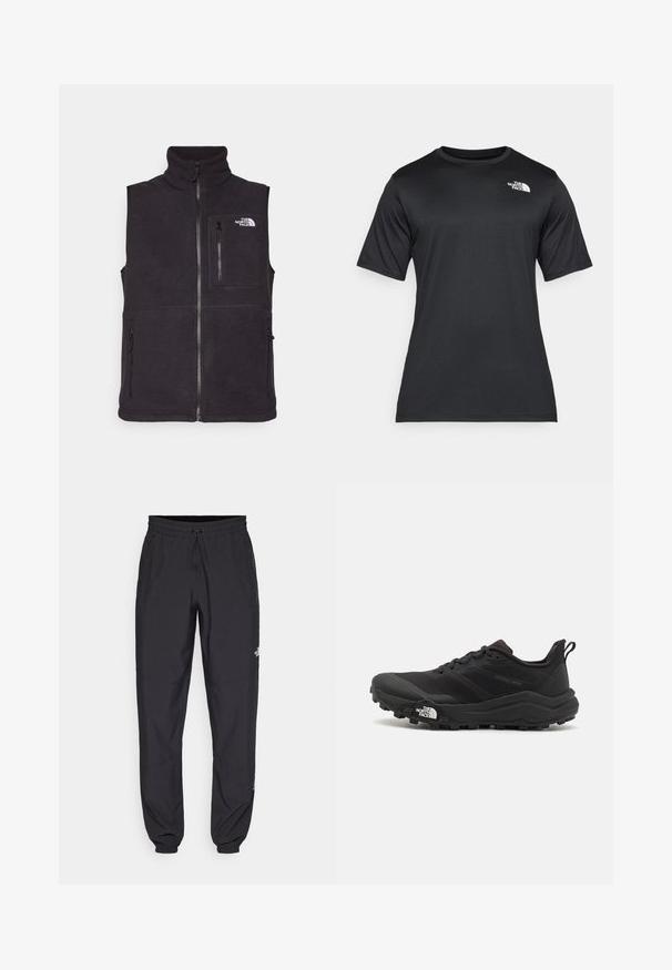 Crna fleece prsluk s visokim ovratnikom, prednjim zatvaračem i dva bočna džepa sa zatvaračem. Ima džep na prsima sa zatvaračem i logo sprijeda.; Crna majica kratkih rukava od lagane, prozračne tkanine koja upija vlagu. Ima bijeli logo na lijevoj strani prsnog koša i okrugli izrez.; Crne sportske hlače od lagane tkanine, s pojasom na vezanje, bočnim džepovima i suženim manžetama na gležnjevima.; Crne trail trkačke cipele s teksturiranim gornjim dijelom, gumeni potplat i ojačana zaštita za prste. Imaju podstavljen ovratnik i trakicu za lakše obuvanje.