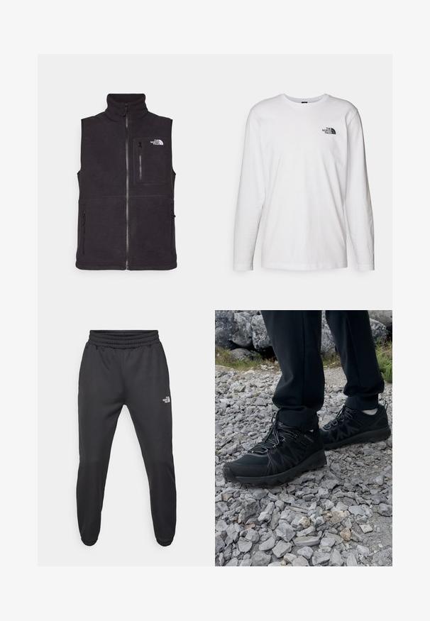 Černá fleecová vesta s vysokým límcem, předním zipem a dvěma bočními kapsami na zip. Obsahuje také zipovou kapsu na hrudi a logo na přední straně.; Bílý dlouhý rukáv tričko vyrobené z bavlny s kulatým výstřihem. Na hrudi se nachází malé černé logo. Hladká textura, běžný střih.; Černé tepláky s nastavitelným pasem, zúženým střihem, elastickými manžetami a malým bílým logem na levém stehně, vyrobené z hladké tkaniny.; Černé venkovní boty z prodyšného a syntetického materiálu, s texturovaným svrškem, bezpečným šněrovacím systémem a robustní podrážkou, na skalnatém terénu.