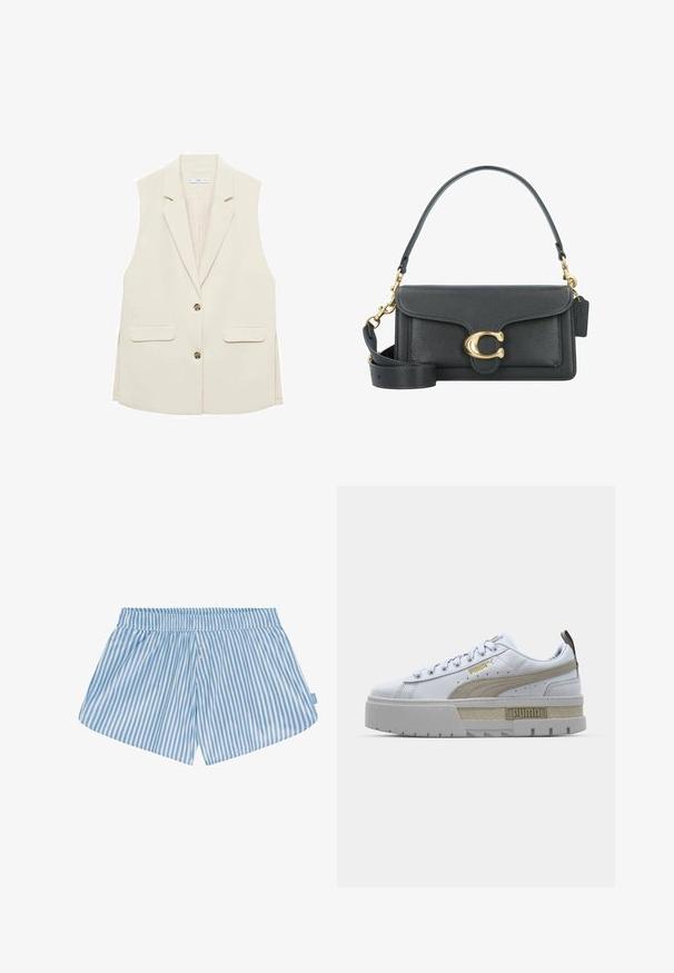 Mango Vestă - off-white; Cămașă albă cu mâneci lungi, dintr-un amestec de bumbac, având un decolteu rotund și un design slim fit. Fără modele sau accente vizibile.; Pantaloni scurți cu dungi albastre și albe, cu un talie elastică, două nasturi în față și o croială lejeră. Materialul pare neted, având o textură ușoară.; Adidași albi cu o bandă bej proeminentă, talpă groasă gri și accente aurii. Prezintă șireturi rotunde și un tab de limbă texturat cu un brand.; Geantă de piele neagră cu un accent din fier forjat auriu, având un închizător semnătură, curea de umăr detașabilă și o suprafață texturată.
