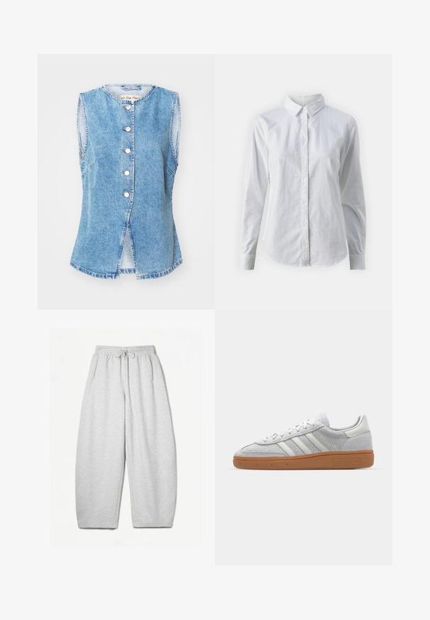Svetlo modra jeanska yacket z brezrokavnim designom, okroglim izrezom, petimi gumbi na zapiranju in stranskimi razporki na robu. Mehka tekstura in sproščen stil.; Bela srajca z gumbki, narejena iz gladkega bombaža, s klasičnim ovratnikom, dolgimi rokavi in ukrivljenim robom. Gumbi so majhni in beli.; Svijetlo sivi duksericasti donji dio s opuštenim krojem, elastičnim pojasom, vezicama i bočnim džepovima; izrađen od mekanog, teksturiranog materijala.; Svjetlo sivi suedesni sportski cipeli s bijelim kožnim naglascima, tri bijele pruge i smeđi gumeni potplat, s podstavljenim ovratnikom za udobnost.