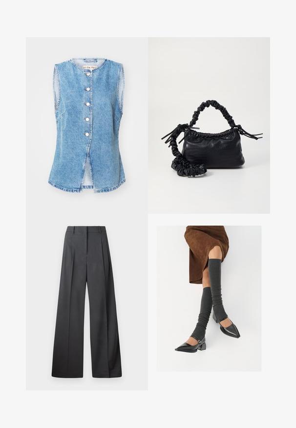 Colete de denim azul-claro com design sem mangas, gola redonda, fecho de cinco botões e fendas laterais na bainha. Textura suave e estilo casual.; Camisa branca de botão feita de algodão suave, com colarinho clássico, mangas longas e bainha curva. Os botões são pequenos e brancos.; Calças de perna larga em tecido cinza escuro, apresentando uma cintura alta, pregas simples e uma textura suave com um acabamento limpo nas bainhas.; Sapatos pretos de pele lacada com biqueira pontuda, salto bloco e tiras no tornozelo, combinados com caneleiras cinzas em malha e uma saia de camurça castanha.; Bolsa de mão em couro sintético preto com textura de crocodilo, topo franzido e alça enrugada. Apresenta um design suave e compacto.