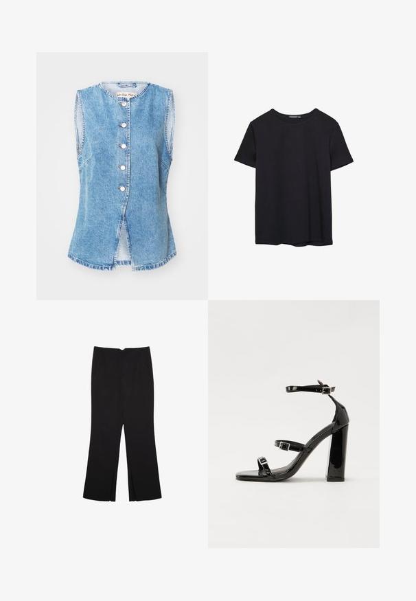 Hellblauer Denim-Westen mit ärmellosem Design, rundem Halsauschnitt, fünf Knopfverschluss und seitlichen Schlitzen am Saum. Weiche Textur und lässiger Stil.; Einfaches schwarzes T-Shirt aus Baumwolle mit kurzen Ärmeln und Rundhalsausschnitt, auf einem weißen Hintergrund dargestellt.; Schwarze Hose mit geradem Schnitt, ausgestattet mit Fronttaschen und Seitenschlitzen am Saum. Hergestellt aus weichem, glattem Stoff. Geeignet für verschiedene Anlässe.; Schwarze Lackleder-Sandalen mit hohen Absätzen, zwei Riemen mit Schnallen, quadratischer Zehenpartie und klobigem Blockabsatz, mit einer glatten, glänzenden Textur.