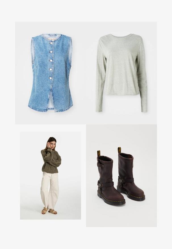 Ανοιχτό μπλε τζιν γιλέκο με αμάνικο σχέδιο, στρογγυλή λαιμόκοψη, πενταπλή κουμπότρυπα και πλαϊνές σχισμές στο στρίφωμα. Μαλακή υφή και χαλαρό στυλ.; Ανοιχτό γκρι μακρυμάνικο πουκάμισο από μαλακό ύφασμα, με στρογγυλή λαιμόκοψη και χαλαρή γραμμή. Ράμματα κατά μήκος των πλαινών.; Free People GOOD LUCK MID RISE BARREL - Τζιν χαλαρής εφαρμογής - beige; Καφέ δερμάτινα μποτάκια με σχέδιο μέχρι τη μέση της γάμπας, εφοδιασμένα με λουρί και πόρπη, χοντρή μαύρη σόλα και κίτρινες ραφές.