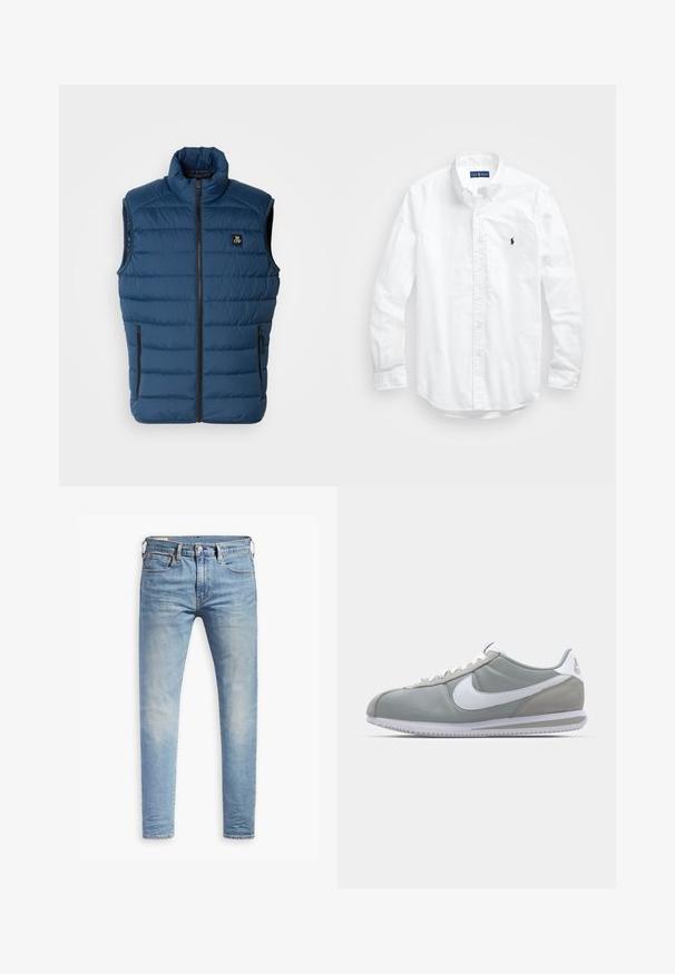 Temno modra podložena brezrokavnik z visokim ovratnikom, sprednjim zadrgo in dvema stranskima žepoma. Na prsih je nalepka z logotipom in teksturirana površina.; Bela dolg rokav srajca s gumbi iz bombaža. Ima klasičen ovratnik, gumbnice na zapestjih in majhen temno moder vezen logotip na prsih.; Svetlo modri oprijeti džins s blagim bledenjem na stegnenicah, sprednji gumbasti zapenjač, zanke za pas in pet žepov na belem ozadju.; Sive tenisice za šport z zgornjim delom iz semiša in tekstila, belim Nike swooshom in belimi vezalkami. Imajo strukturirano gumijasto podplat in oblazinjen ovratnik.