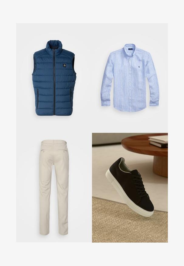 Námořnická modrá vypolstrovaná vesta s vysokým límcem, předním zipem a dvěma bočními kapsami. Obsahuje logo na hrudi a texturovaný povrch.; Modrá a bílá pruhovaná košile s dlouhým rukávem vyrobená z bavlny, s límcem na knoflíky, předními knoflíky a malým vyšitým logem na hrudi.; Beige kalhoty se hladkým povrchem, rovný střih, dvě zadní kapsy s knoflíky a standardní pas.; Černé tenisky s bílou podrážkou plující nad béžovým texturovaným kobercem poblíž kulatého dřevěného stolu se stohovanými knihami.