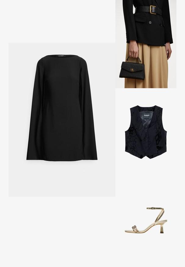 Schwarze, ärmellose Weste mit floralem Muster aus strukturiertem Stoff. Features einen V-Ausschnitt, zwei Vorderseiten-Taschen und eine Knopfleiste. Markenetikett sichtbar innen.; Schwarzes Langarmshirt mit rundem Ausschnitt. Hergestellt aus glattem Stoff mit Seitenschlitzen, die eine schlanke und moderne Silhouette bieten.; Goldene metallische Sandalette mit Absatz, Knöchelriemen, zwei schmalen vorderen Bändern und Blockabsatz. Mit dekorativen Verzierungen.; Schwarze strukturierte Handtasche mit strukturierter Oberfläche, goldenen Beschlägen und einem oberen Griff. Getragen mit einem schwarzen Blazer und einem beigen Rock.