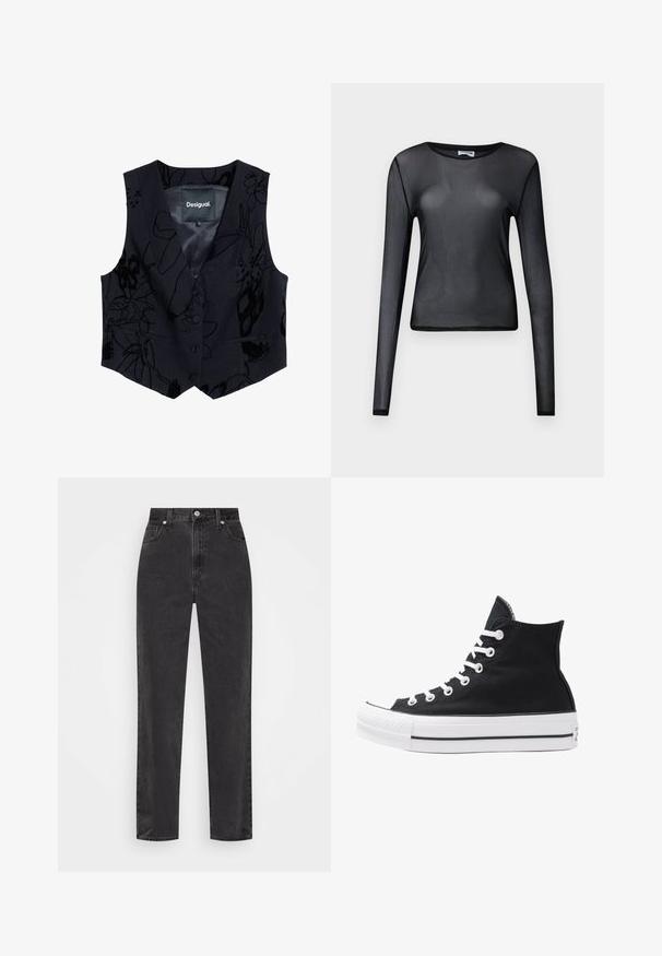 Schwarze, ärmellose Weste mit floralem Muster aus strukturiertem Stoff. Features einen V-Ausschnitt, zwei Vorderseiten-Taschen und eine Knopfleiste. Markenetikett sichtbar innen.; Schwarzes Langarm-Oberteil aus transparentem Material, mit Rundhalsausschnitt und schmaler Passform, versehen mit feinen Säumen.; Schwarze Denim-Jeans mit geradem Bein, hoher Taille, vorderem Knopf und Reißverschluss sowie fünf Taschen auf weißem Hintergrund.; Schwarze High-Top-Canvas-Sneaker mit weißen Ösen, Schnürsenkeln und Gummisohle. Verfügt über eine strukturierte Zehenkappe und schwarz-weiße Streifenakzente.