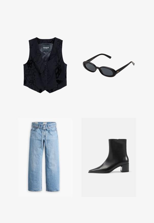 Czarna, bezrękawnikowa kamizelka w kwiatowy wzór z teksturowanej tkaniny. Posiada dekolt w serek, dwie przednie kieszenie oraz zapięcie na guziki. Etykieta marki widoczna wewnątrz.; Biała koszulka z krótkim rękawem wykonana z bawełny, z okrągłym dekoltem i prostym dołem. Minimalistyczny design bez widocznych wzorów czy akcentów.; Jasnoniebieskie dżinsy w szerokim kroju z wysokim stanem, z zapięciem na guziki i zamek oraz sznurkiem w talii. Zakończenie w surowym wykończeniu.; Czarne skórzane botki za kostkę z wydłużonym noskiem, gładką fakturą i średnim obcasem w kształcie słupka. Minimalistyczny design, zamek błyskawiczny z tyłu.; Czarne, oversize okulary przeciwsłoneczne z owalnymi soczewkami, gładkim plastikowym mostkiem i złotymi akcentami na zausznikach. Ciemne soczewki zapewniają ochronę przed słońcem.